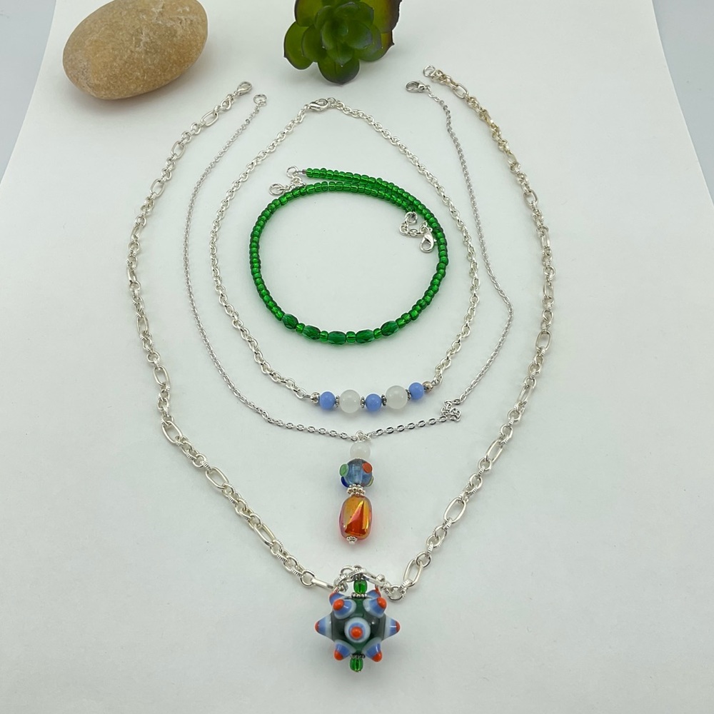 Colorful Necklace Set, Handmade, Art Glass, Crystals, Vtg Beads, Lamp Work Beads - Picture 7 of 11